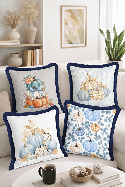 Home Blue and Orange Pumpkin Patterned Autumn Themed Set of 4 Fringed-Tassele...
