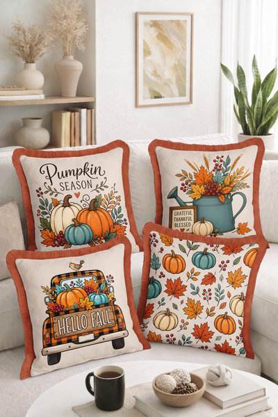 Home Pumpkin Season, Hello Fall, and Autumn Pumpkin Patterned Set of 4 Fringe...