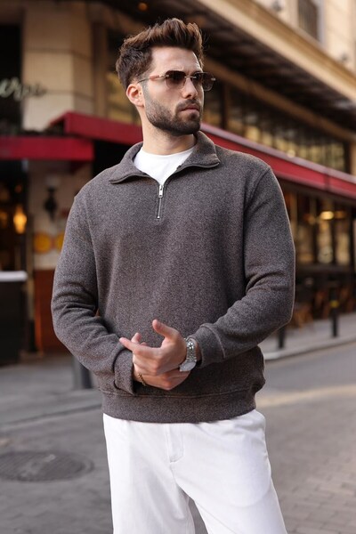 Madmext Brown Polo Collar Half Zipper Knitted Men's Sweater E7201