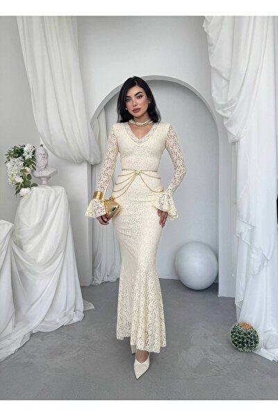 BE DRESS Kadın V Yaka İspanyol Kollu Dantel Balık Uzun Elbise