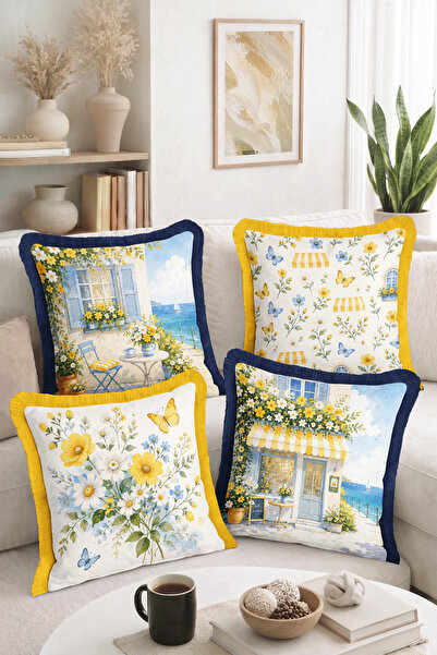 Home Sea View Floral and Butterfly Patterned Summer Decorative 4-Piece Fringe...