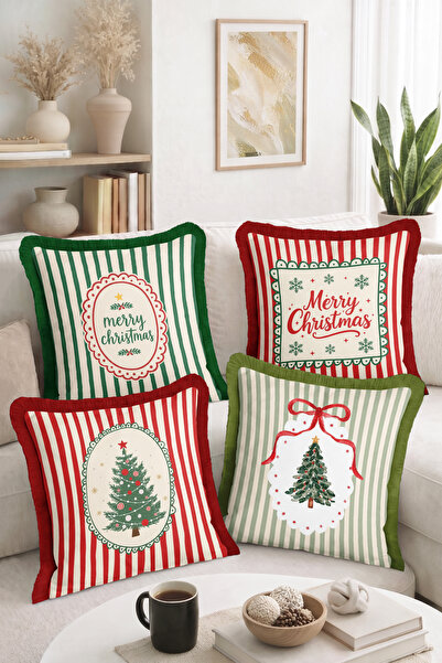 Home Merry Christmas Written Christmas Themed Striped Tree Patterned 4-Piece ...