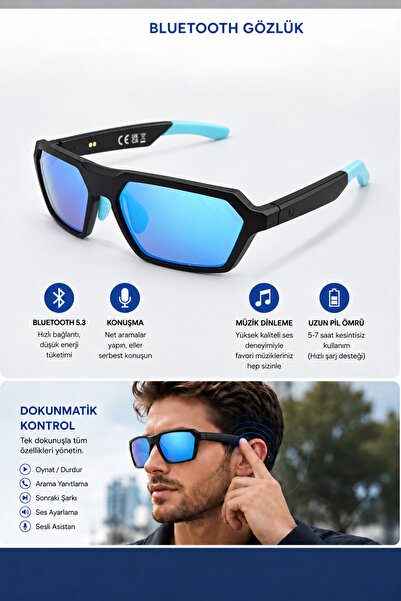 Chunky Frame Bluetooth Müzik Arama Özellikli Açık Kulak Ses Deneyimli, Dahili Mikrofonlu, Dokunmatik Kontrollü ve Sesli Asistan Uzaktan Kontrol Destekli Aynalı Güneş Gözlüğü