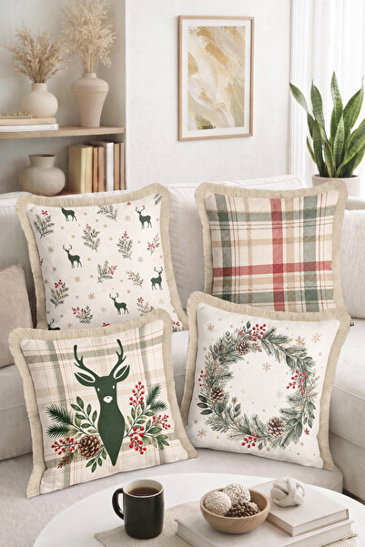 Home Plaid Patterned 4-Piece Fringed-Tasseled Throw Pillow Cover Set with Dee...