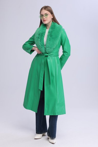 Select Moda معطف نسائي طويل من القطيفة ذو ياقة جلدية