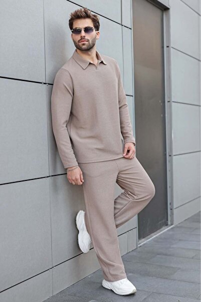 Madmext Mink Polo Collar Jacquard Relaxed Fit Men's Tracksuit Set E7379
