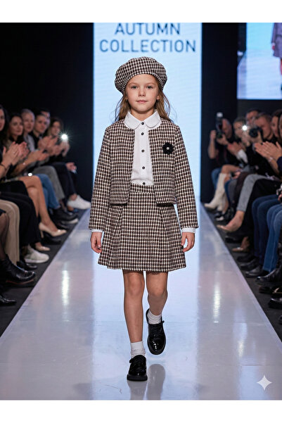 Momivi Kids Girl's Houndstooth Patterned Jacket, Skirt and Hat 3-Piece Set (w...