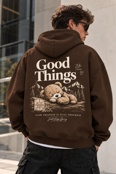 dwnwear Hanorac oversize unisex cu glugă și imprimeu pe spate cu ursuleț de pluș