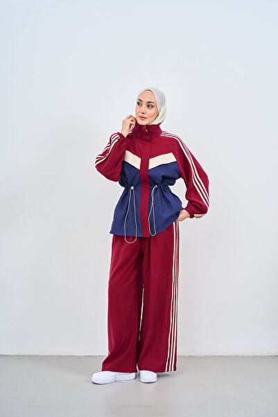 LOCCO Women's Stripe Detail Adjustable Waist Hidden Zipper Suit Red