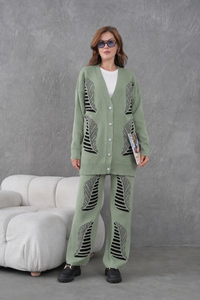 Moda Neval Women's Embroidered Long Cardigan Wide-Leg Pants Knitwear Set