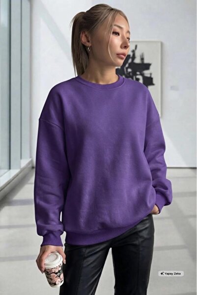 CAST COLLECTİON Γυναικείο μωβ φούτερ με λαιμόκοψη ποδηλάτου σε μεγάλο μέγεθος