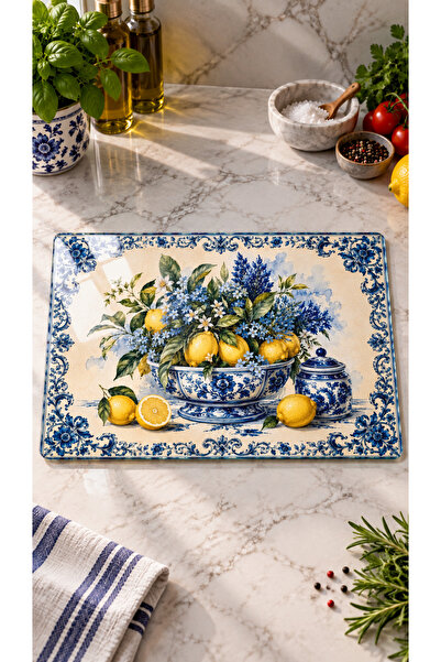 Decorita Glass Cutting Board - Glass Cutting Table |   Blue Tile Plate with L...