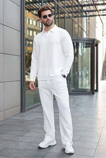 Madmext Ecru Polo Collar Jacquard Relaxed Fit Men's Tracksuit Set E7379