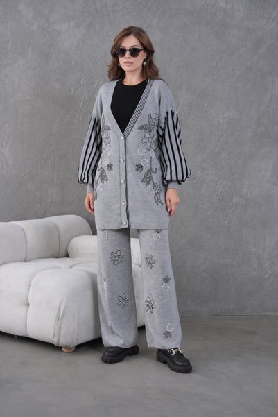 Moda Neval Women's Bead Embellished Sleeve Striped Knitwear Cardigan Trousers...