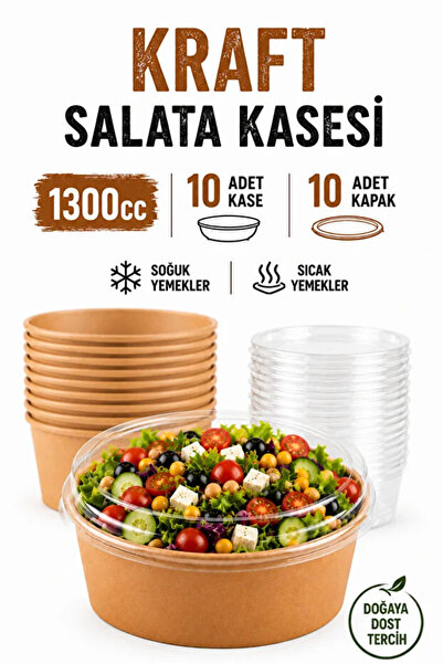 Ezupack 1300 cc Kraft Bowl Salata Diyet Kasesi Kapaklı 10 Adet Büyük Boy Yuva...