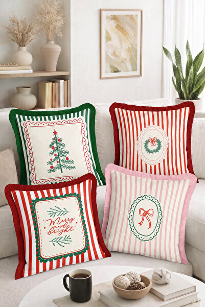 Home Christmas Themed Pine Tree, Wreath and Merry and Bright Written Patterne...