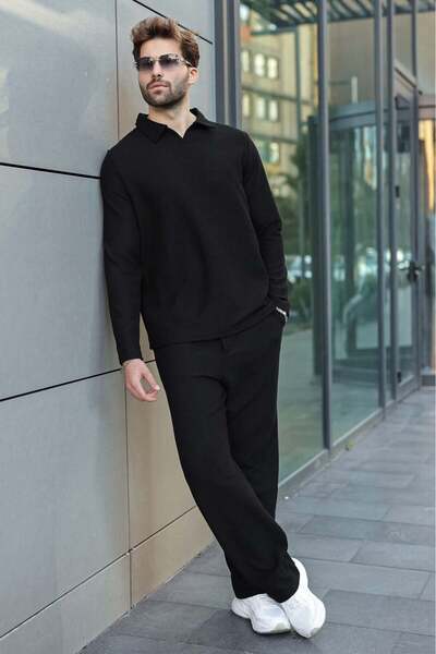 Madmext Black Polo Collar Jacquard Relaxed Fit Men's Tracksuit Set E7379