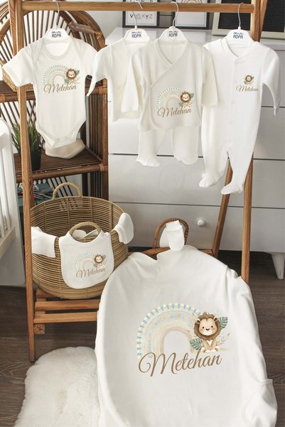 Mini Ropa İsimli Hastane Çıkışı Gökkuşağı Aslan Baskılı İsme Özel Pamuklu 10'...
