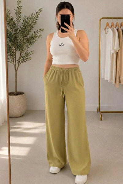 Lastikli ve Bağcıklı Wide-Leg Kadın Pantolon