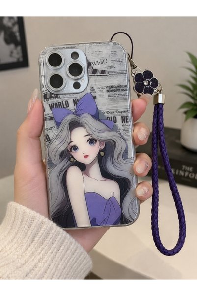 Generic Anime Girl Print Phone Case with Purple Bow, Newspaper Design, Camera Lens Protection & Wrist Strap Charm for iPhone 14 Pro Max
