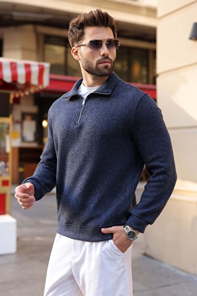 Madmext Navy Blue Polo Collar Half Zipper Knitted Men's Sweater E7201
