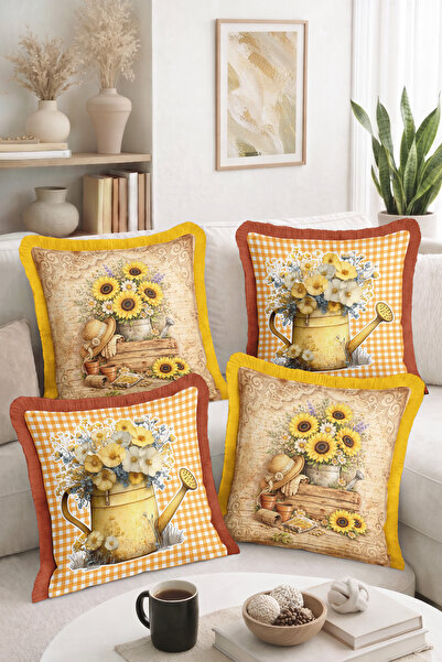 Home Vintage Sunflower and Watering Can Patterned Set of 4 Fringed-Tasseled T...