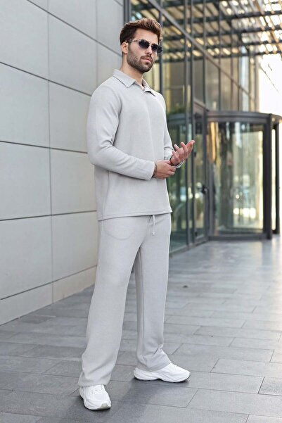 Madmext Gray Polo Collar Jacquard Relaxed Fit Men's Tracksuit Set E7379