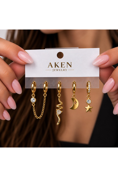 Ay Yıldız ve Yılan Figürlü Zincir Detaylı Gold Renk Çoklu Kadın Küpe Seti