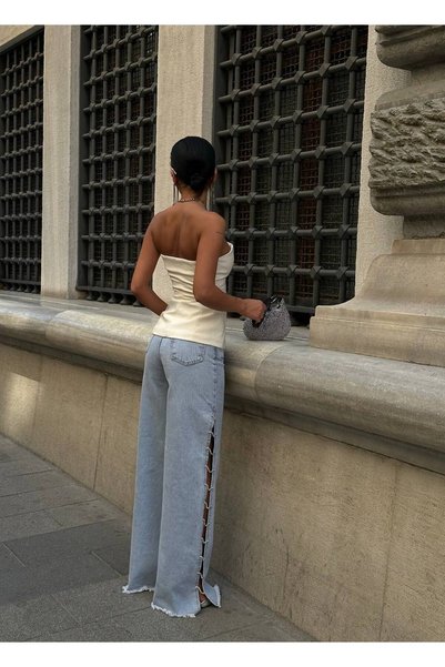 vesantia Kadın Buz Mavisi Yırtmaç Zincir Taş Detaylı Yan Yırtmaç Yüksek Bel Bol Paça Wide Leg Jean
