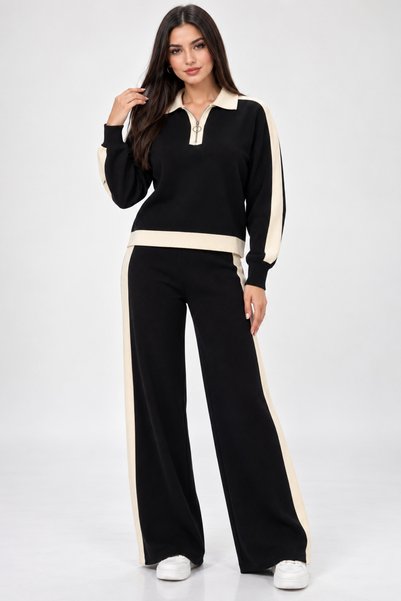 HELMİRA Women's Stylish Stripe Detailed Half Zipper Collared Knitwear 2-Piece Set Wide Leg