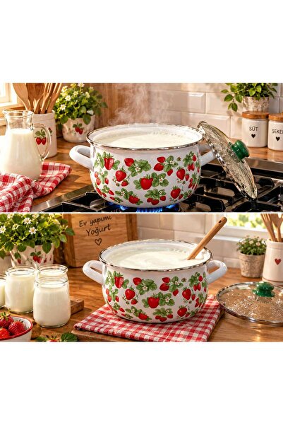 EBRULİEMAYE Strawberry Enamel Pot 5 Liters 24 cm Diameter Milk Yogurt Soup Co...