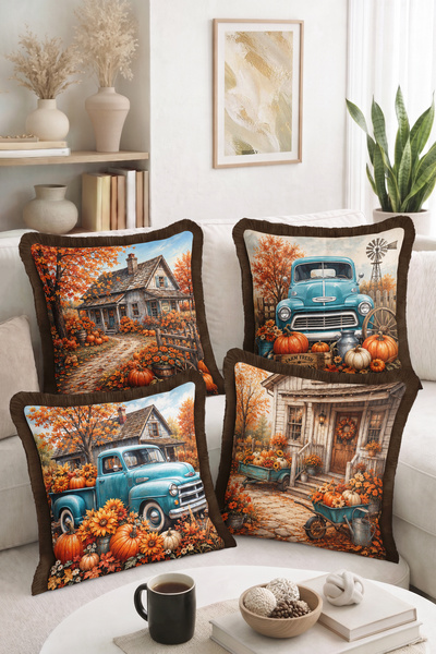 Home Fall Farmhouse, Vintage Pickup Truck and Pumpkin Pattern Decorative 4-Pi...