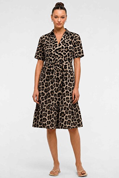 Mısırlı Egyptian Women's Cotton Polo Collar Dress with Leopard Pattern