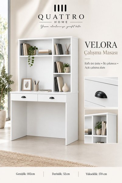 QUATTRO HOME Velora Raflı ve 2 Çekmeceli Çalışma Masası-Genişlik: 102 cm Deri...