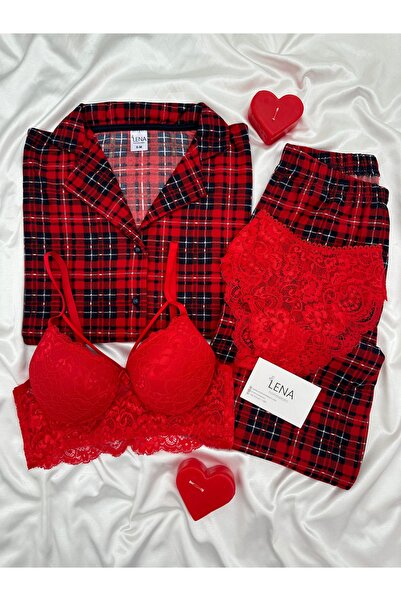 Lena Homewears Women's Patterned 4-Piece Buttoned Long Sleeve Thermosoft Paja...