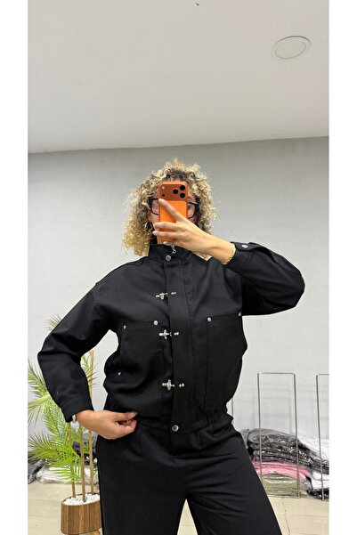 BELİS WEAR Γυναικείο κοντό μπουφάν με όρθιο γιακά, μεταλλικές τσέπες με κούμπ...