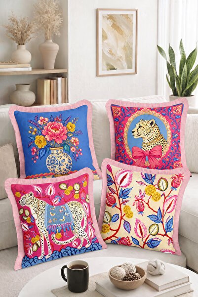Home Leopard Figured, Floral and Colorful Patterned Bohemian Decorative 4-Pie...