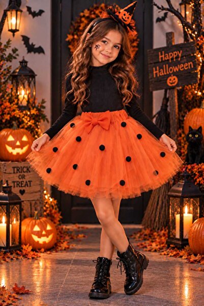 SUNEH Halloween Pompom and Bow Detailed Girls' Fluffy Tutu Skirt