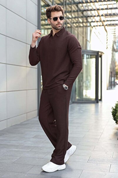 Madmext Bitter Brown Polo Collar Jacquard Relaxed Fit Men's Tracksuit Set E7379