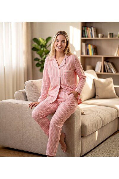 REN Kadın Pembe Çizgili %100 Pamuklu Tok Kumaş Gömlek Pijama Takım , Boydan D...