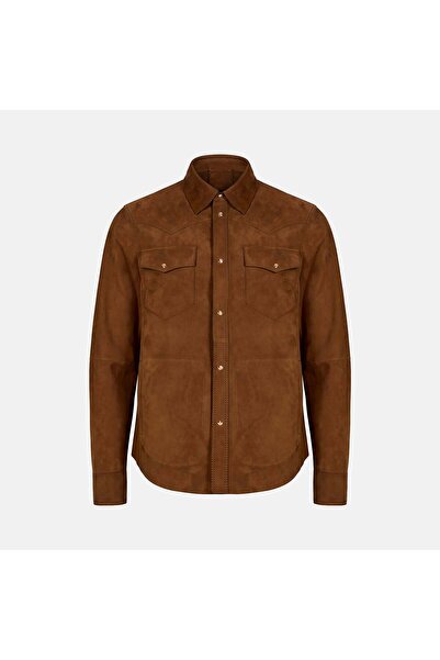 Desa Men's Tan Embroidered Detailed Suede Shirt Jacket