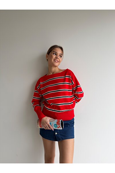KENZA'A TRİKO Off shoulder striped knit sweater