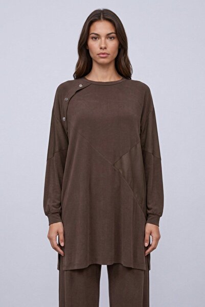 Puane Sleeve and Collar Snap Button Tunic Trouser Set Brown 14531