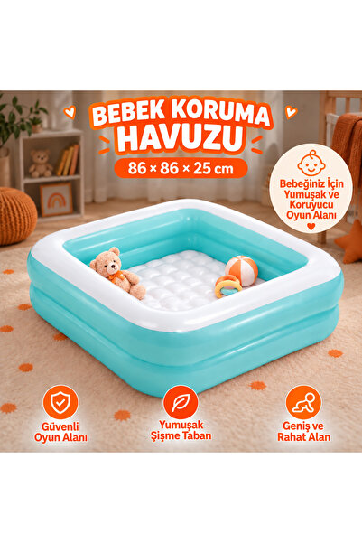 TOTTERİQ Turkuaz Şişme Tabanlı Bebek Aktivite ve Oyun Alanı 86x86x25 cm El Po...