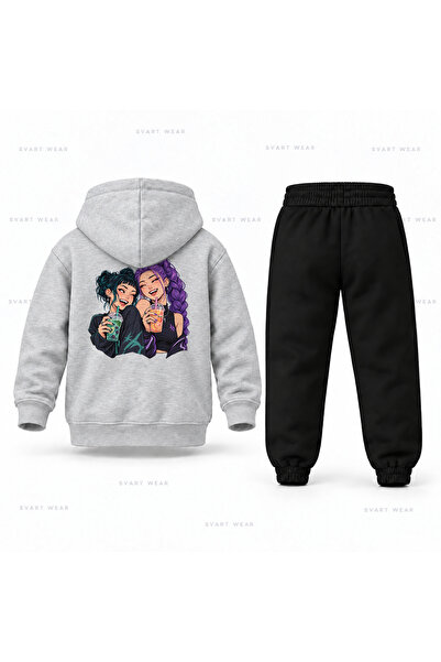 SVART WEAR Kpop Demon Hunters Zoey Rumi Coffee Printed Kids Hooded Tracksuit Set