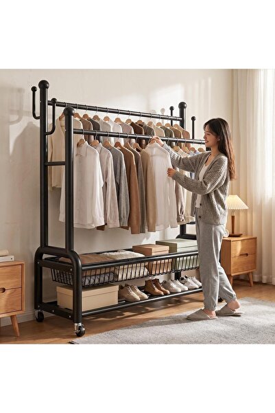 GENERAL Double Rod Heavy Duty Garment Rack with Shoe Storage Shelves Black