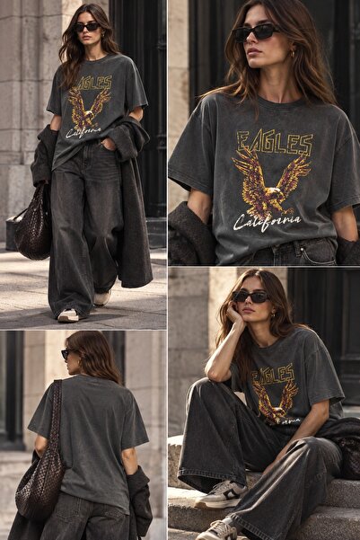 Overdrive Eagles California Vintage Anthracite Acid Washed Eagle Printed Unisex T-Shirt