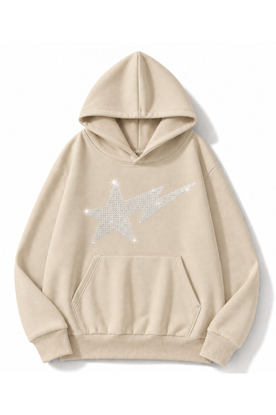MOONBULL Unisex Yıldız Şimşek Taş Baskılı 3 İplik Kışlık Kapüşonlu Kanguru Ce...