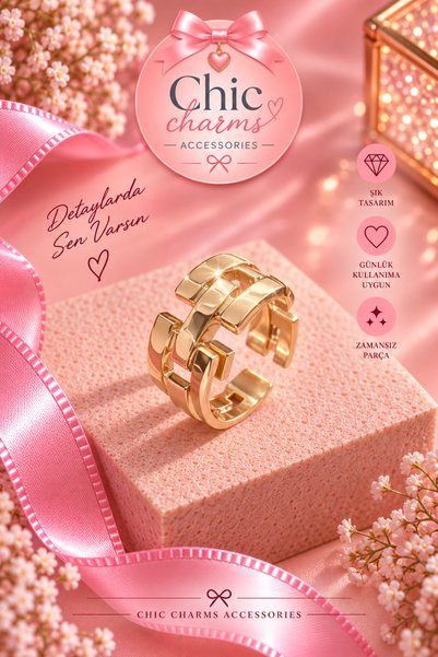 SELÇUK Chic Charms Gold Chain Weave Design Ring