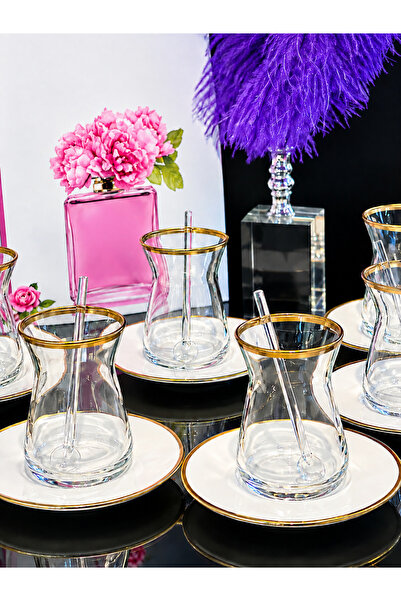 Elta Collection طقم أكواب شاي زجاجية ذهبية مزخرفة وصحون بورسلين لـ 6 أشخاص بت...